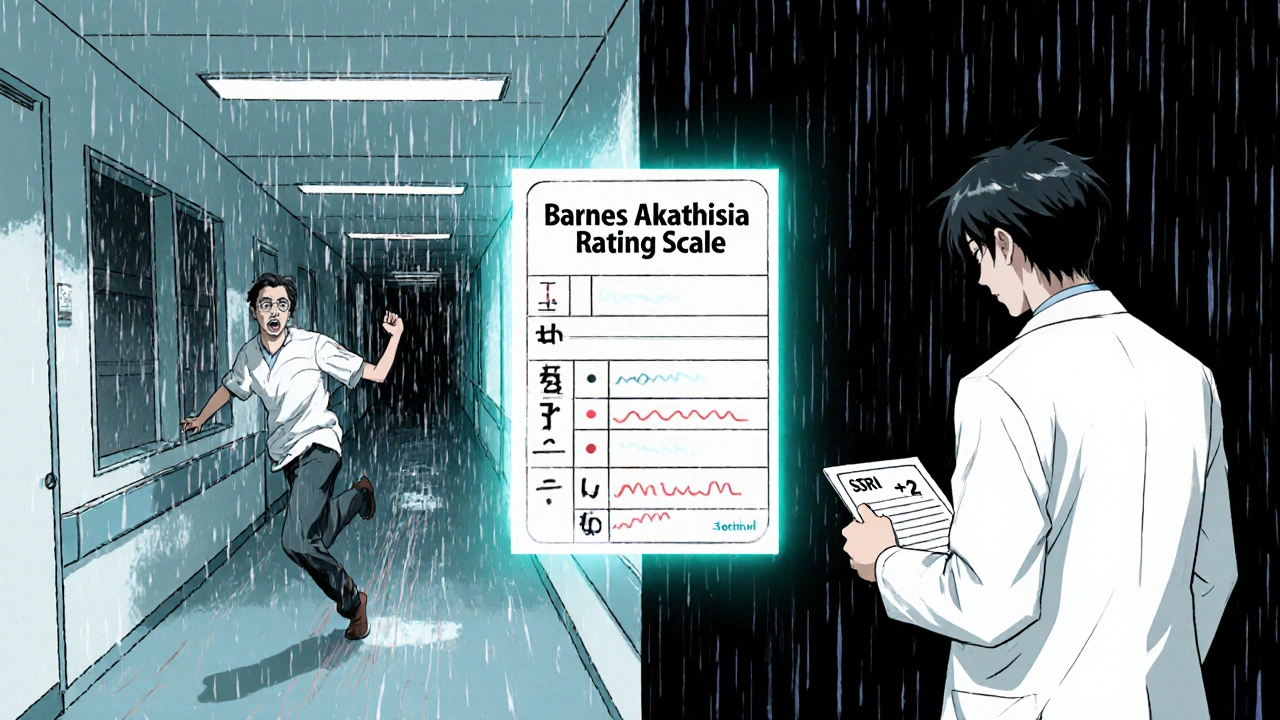 A patient paces in a hospital hallway while a doctor ignores them, a diagnostic scale glowing between them.