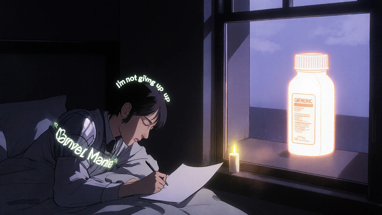 A patient writes a healing letter at night, their body wrapped in glowing armor formed from their own words.