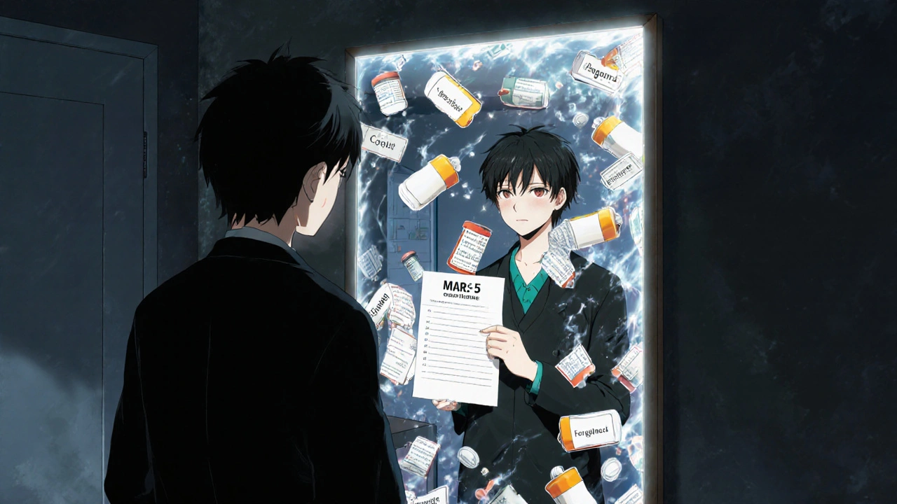 A person facing their mirror reflection, fragmented by reasons for missing medication doses.