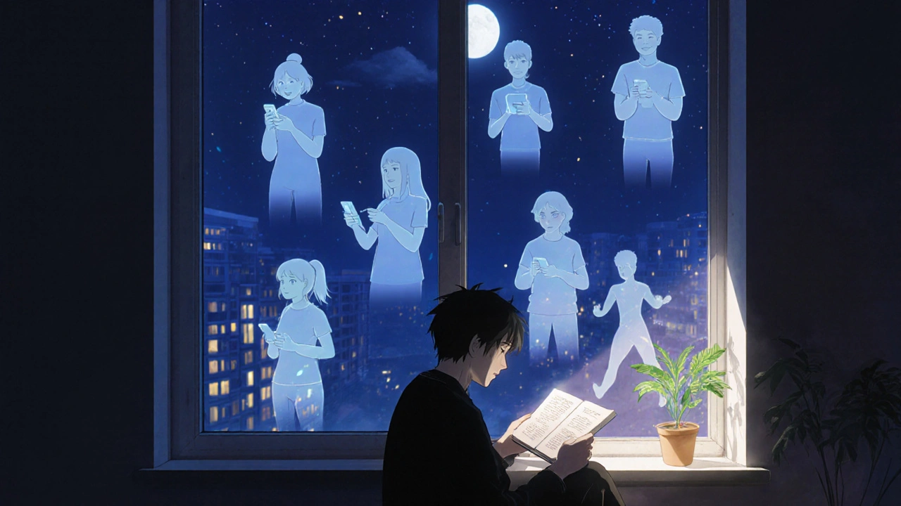 A person reads at night as translucent silhouettes of peers cast gentle light, nurturing a growing plant by the window.