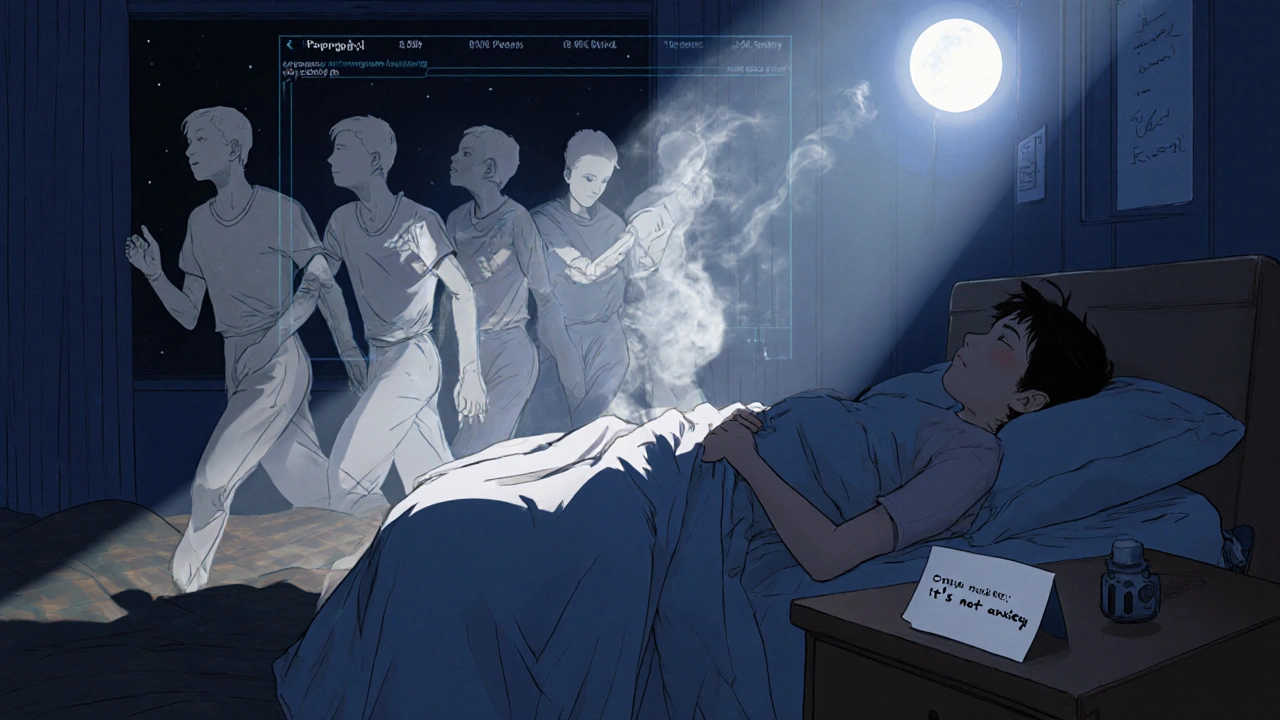 A person’s fractured silhouette moves in multiple ways at night, with an AI diagnostic alert and a note reading &#039;It’s not anxiety.&#039;