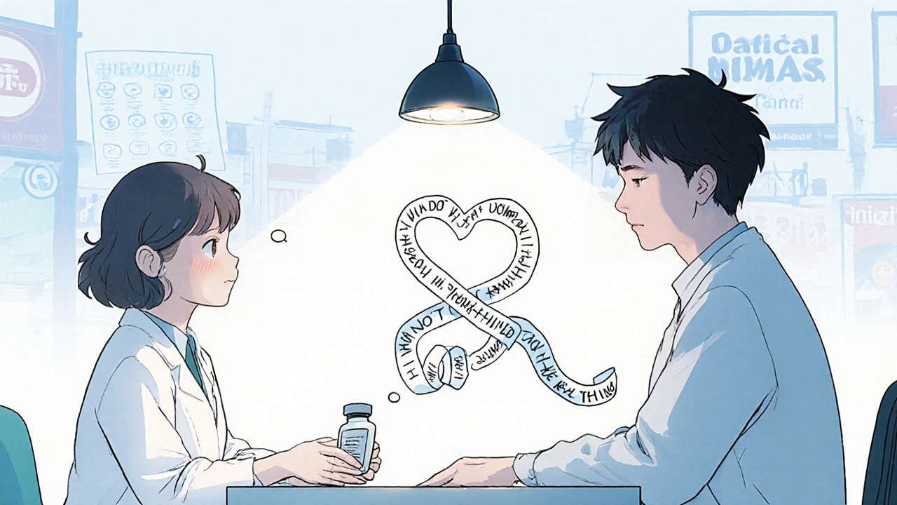 A pharmacist and patient share a quiet moment, a ribbon of emotional thoughts flowing between them like a narrative thread.