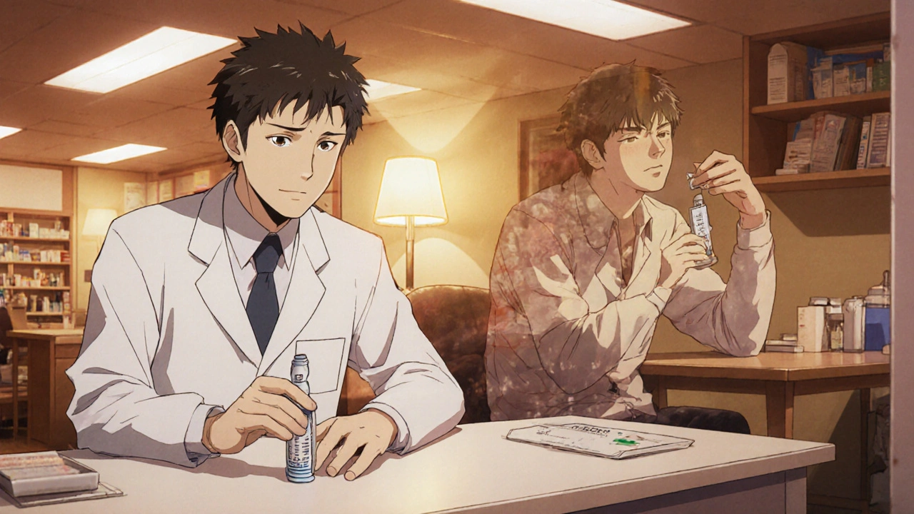 A pharmacist hands naloxone to a patient while surreal images of overdose and safe dosing appear behind them.