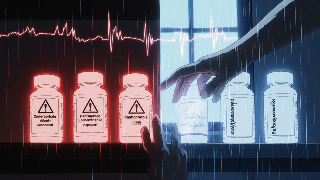A pharmacy shelf split between dangerous and safe PPIs, with a patient reaching across in emotional tension.