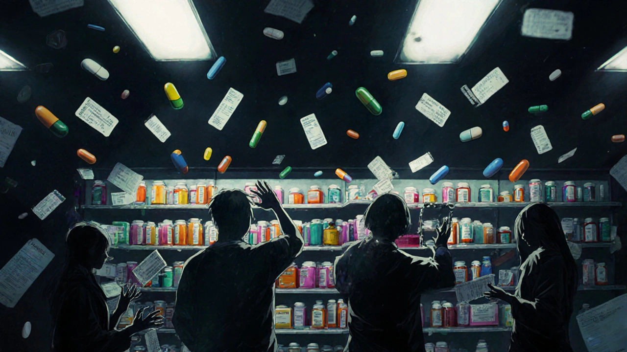 A pharmacy shelf where pills constantly change shape and color, patients reaching with fading hands.