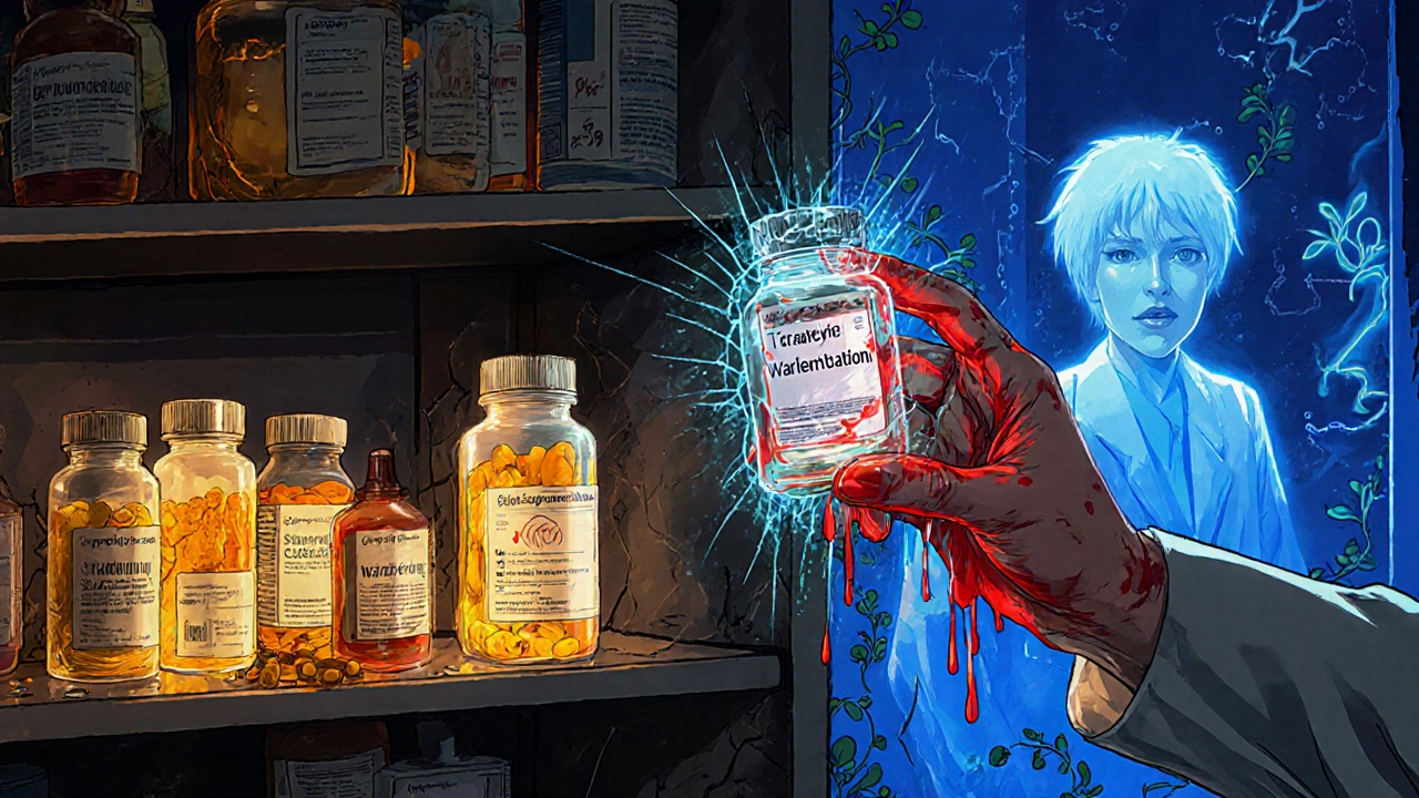 A pharmacy shelf with glowing supplements and cold pharmaceuticals, a hand dissolving into blood droplets as it reaches for turmeric near a warfarin bottle.