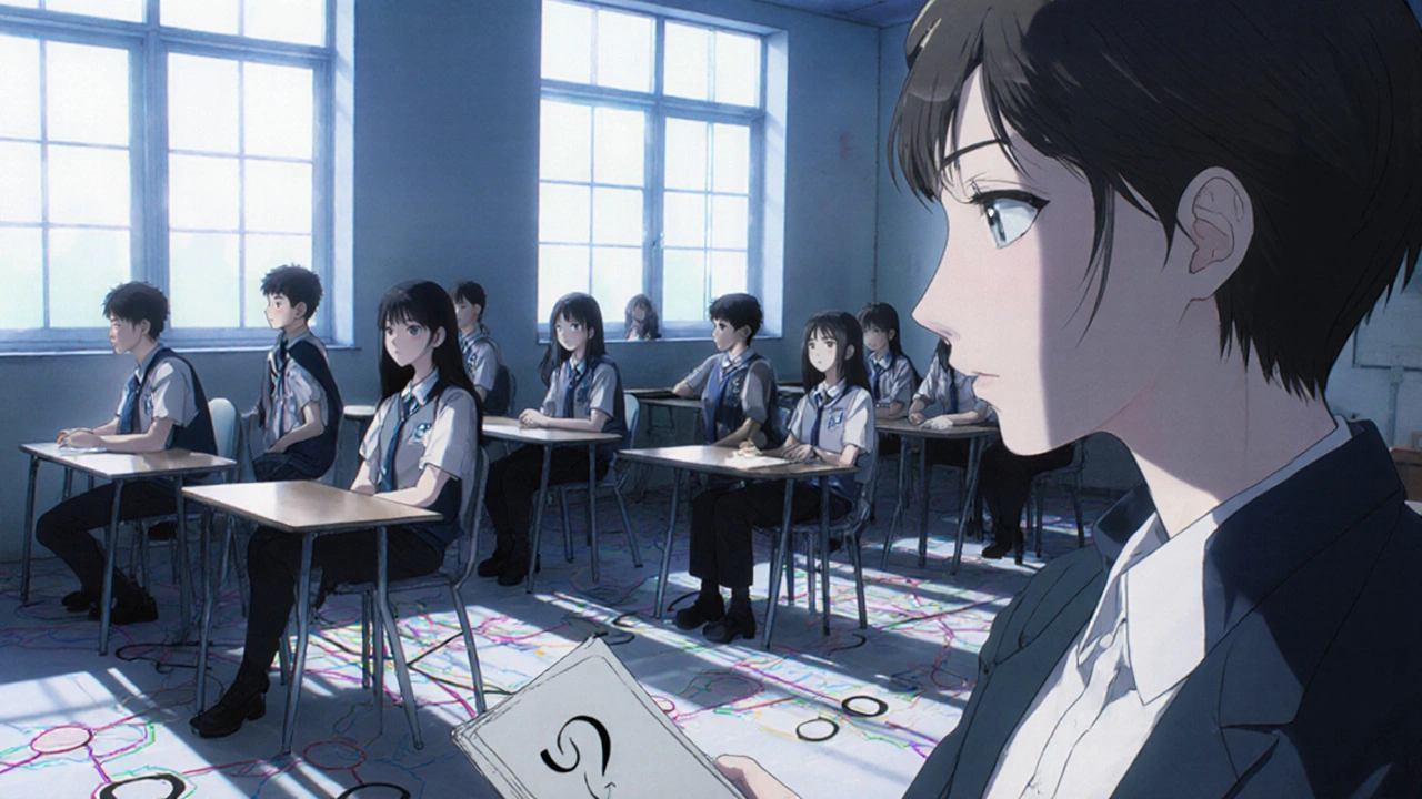 A student in a classroom hesitates while others unconsciously copy the posture of a popular peer, shadows forming social networks.