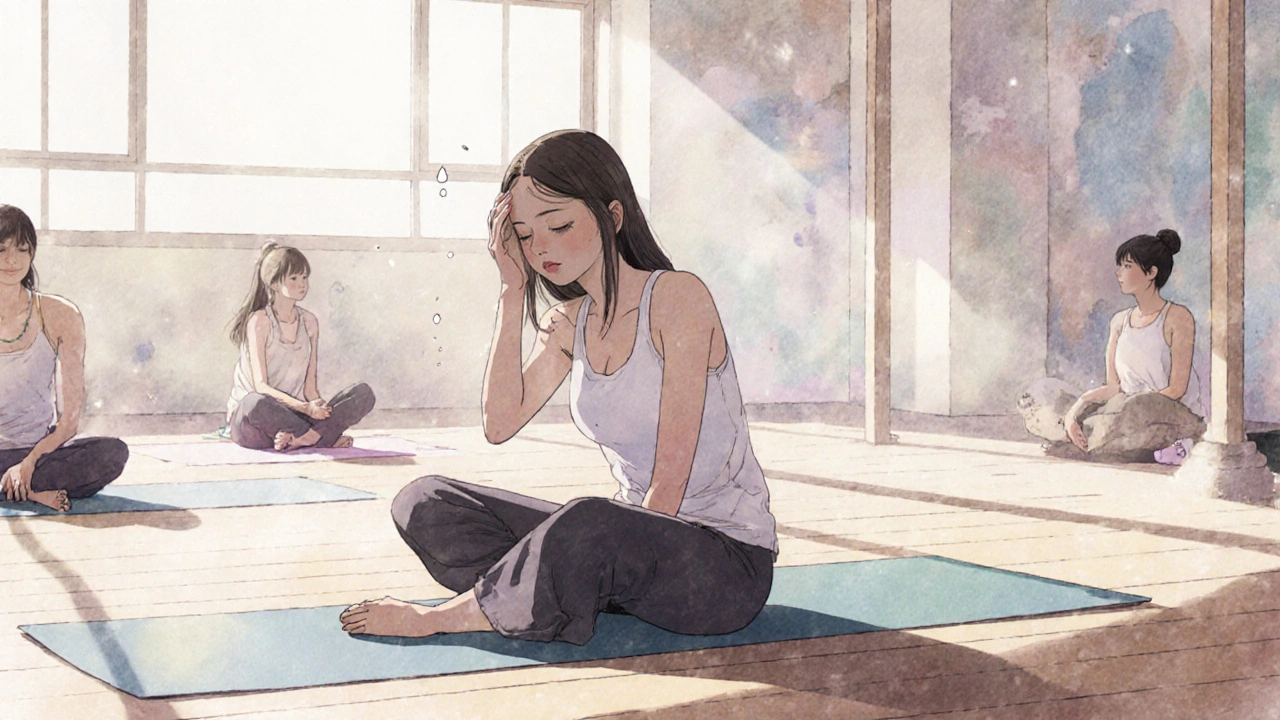 A woman practicing gentle seated yoga in a sunlit studio, focused and calm.