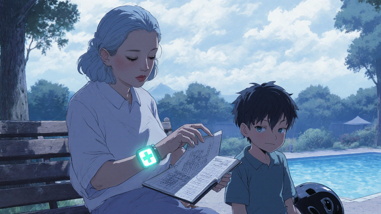 A woman with a medical alert bracelet reading to her grandson on a park bench.
