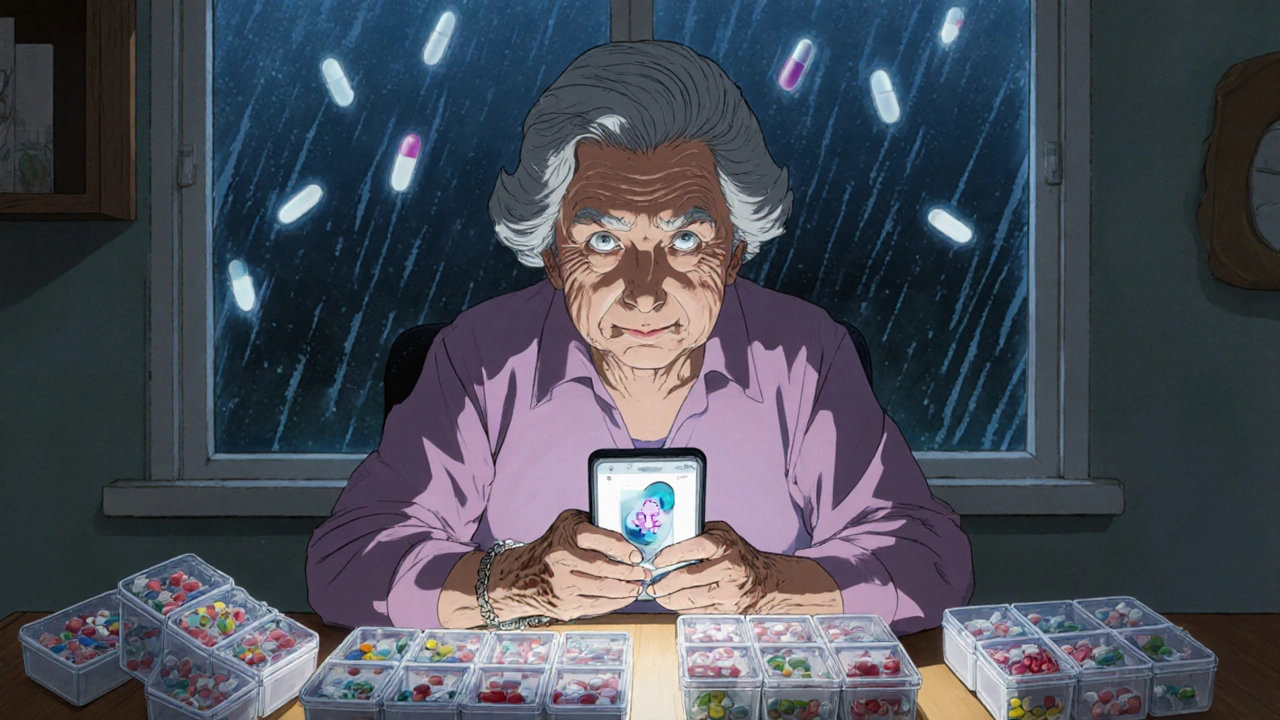 An elderly woman looking at her phone beside multiple pill organizers, anxious expression, rain on the window.