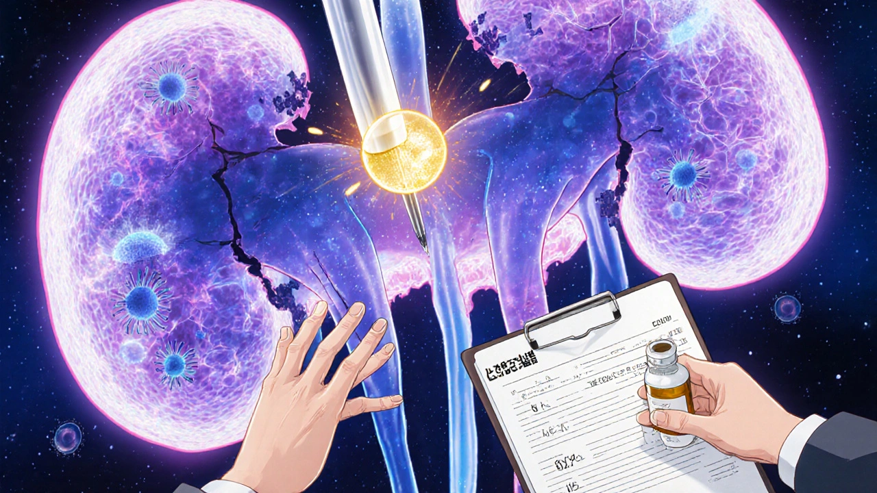 Biopsy needle piercing kidney, revealing microscopic battle and glowing CD163 particle rising.