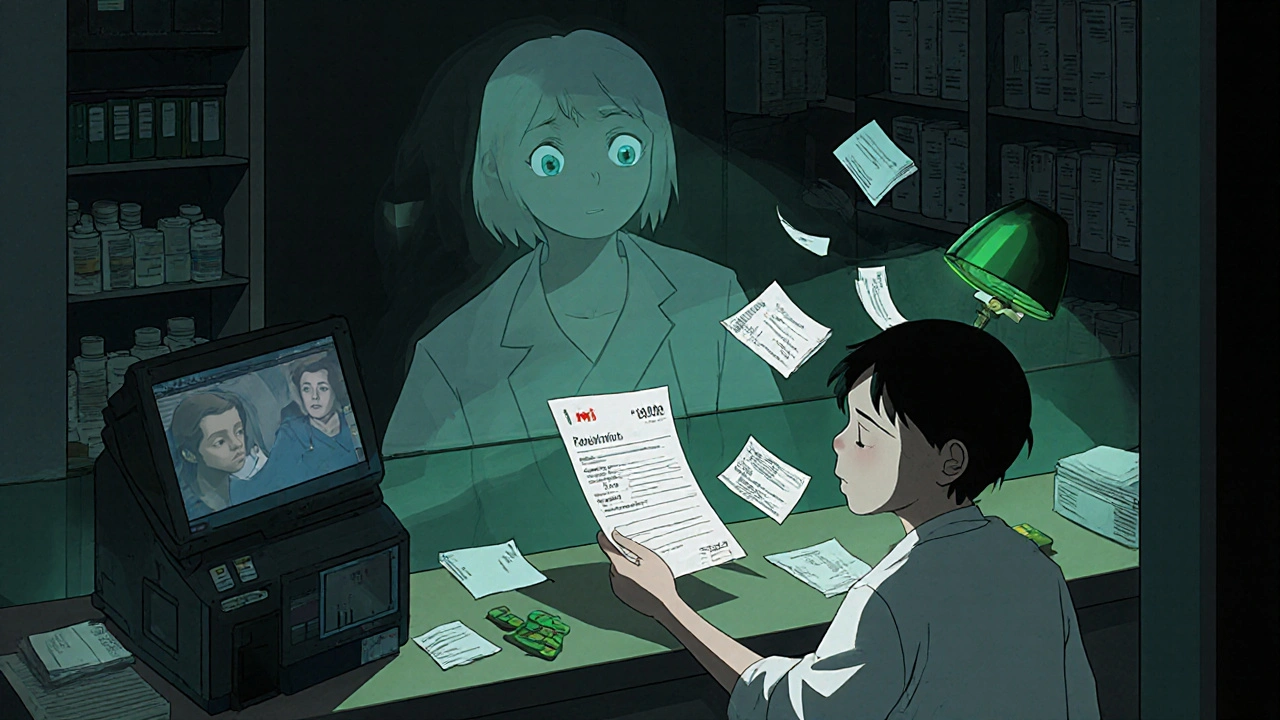 Canadian pharmacist reviewing a U.S. prescription with a ghostly doctor hovering nearby.