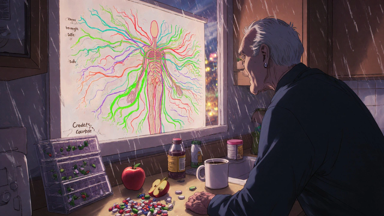 Elderly man facing a glowing body map on the wall, with pills and an apple on a cluttered counter.