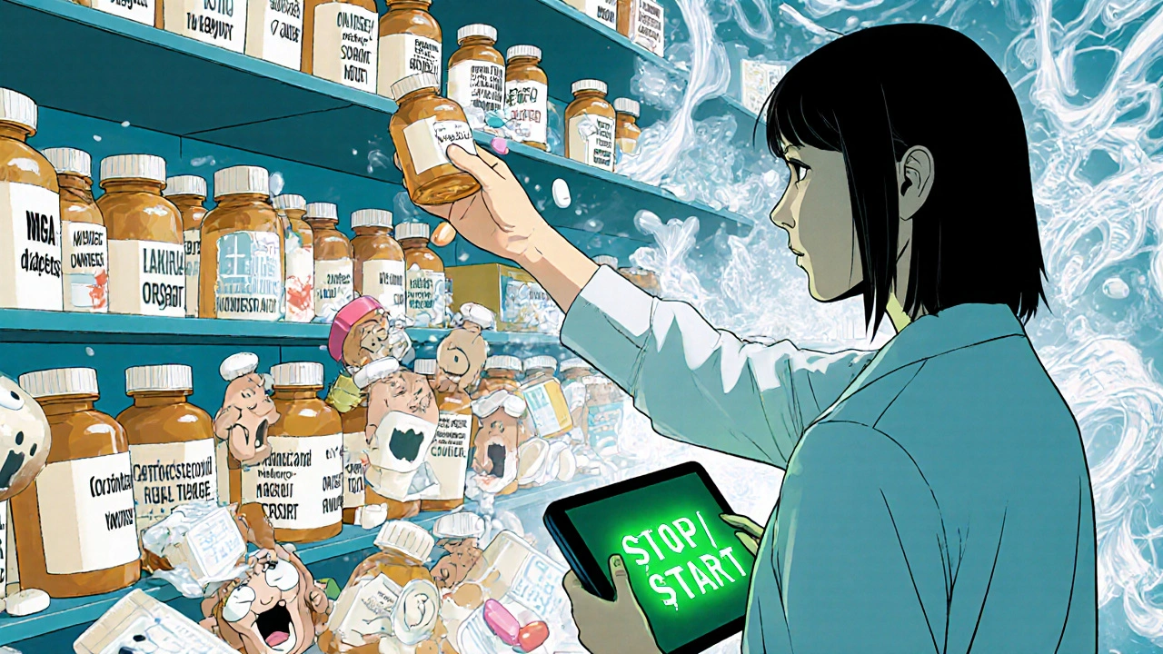 Infinite pharmacy shelf collapsing into screaming pills as a pharmacist holds a safety alert tablet.