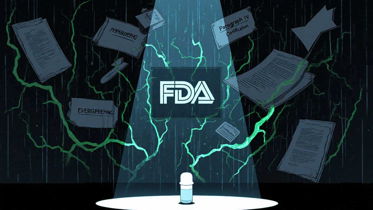 Legal patents clash like swords in a courtroom, with a generic tablet standing firm against a thicket of overlapping patent vines.