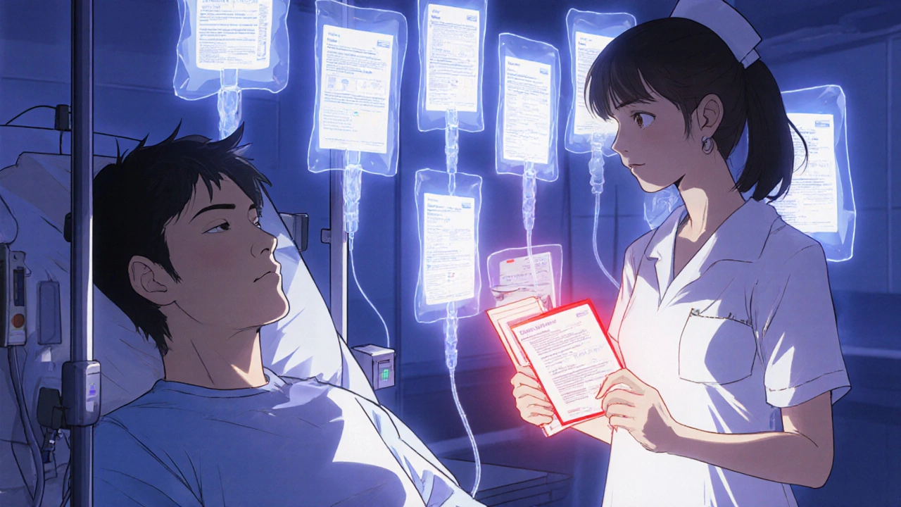 Nurse giving a medication guide to a patient receiving chemotherapy in a quiet infusion room.