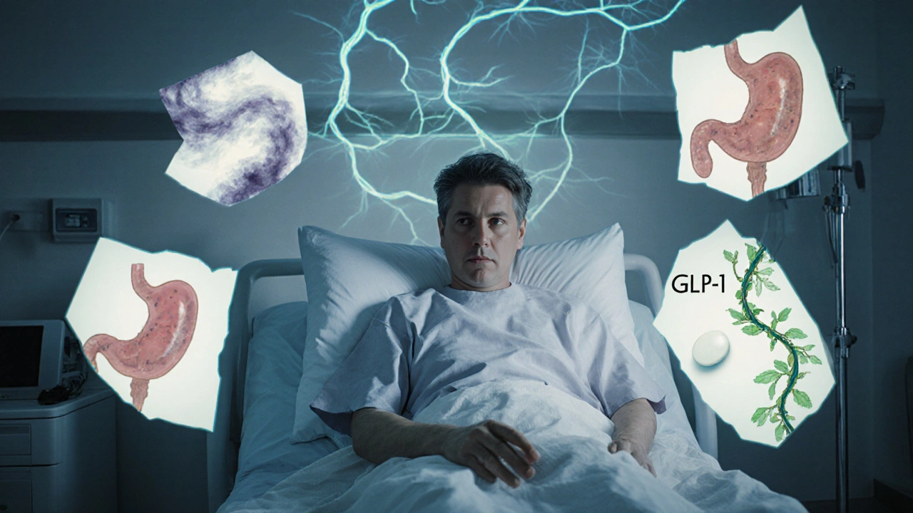 Patient surrounded by mirrors reflecting different drug effects in a shifting clinical room.