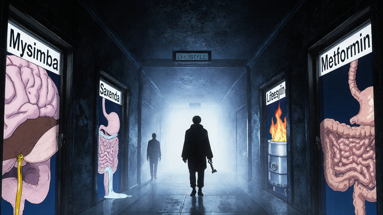 Person walking through a corridor of drug-themed doors, fading into mist with lifestyle key.