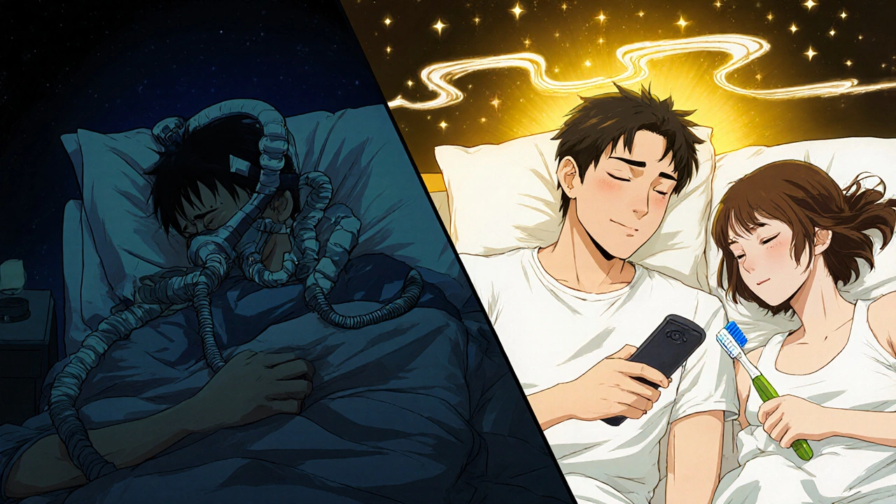 Split scene: left shows CPAP struggle with dark shadows; right shows peaceful sleep with warm glow from implant and partner beside.