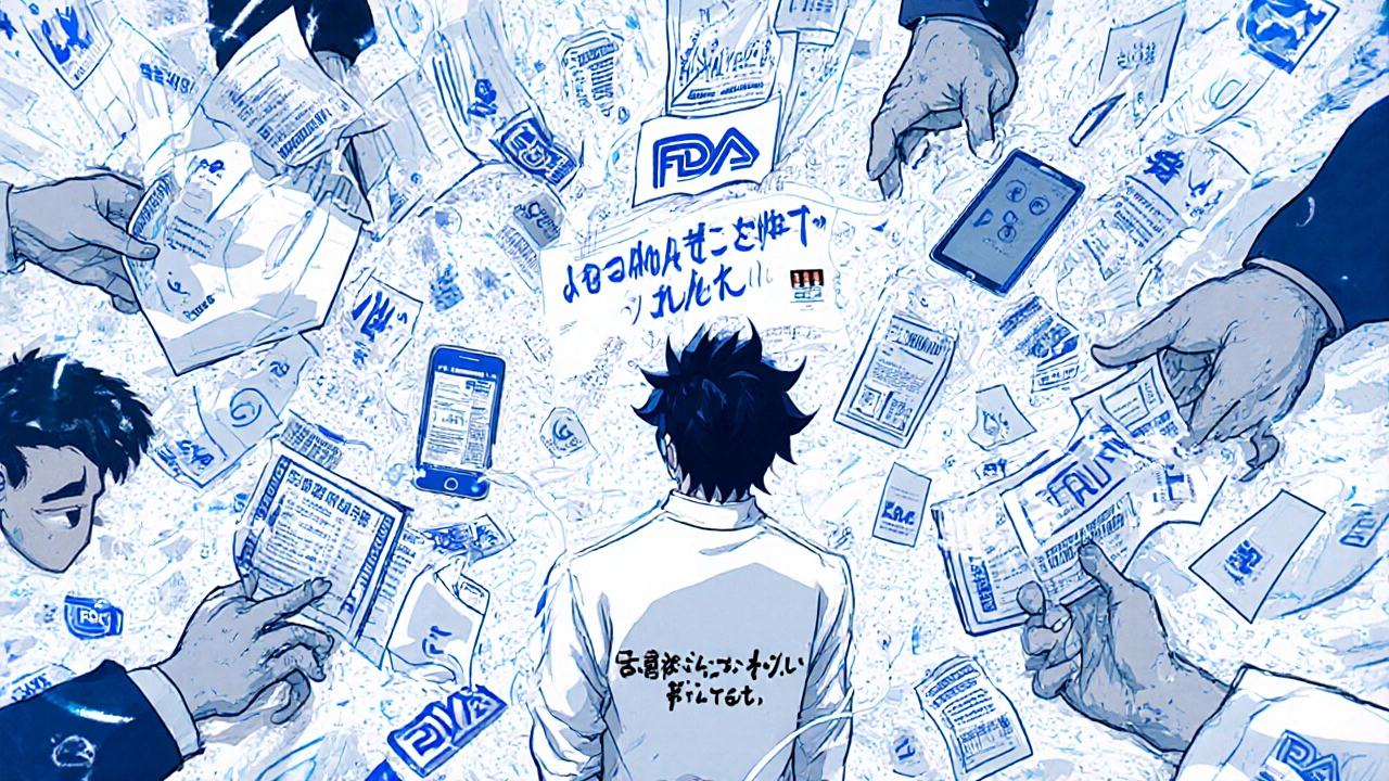 Surreal scene of hands reaching for paper and digital medication guides in a swirling storm of symbols.