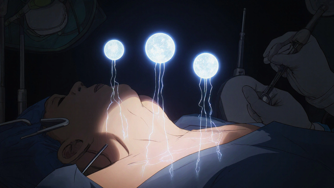 Three glowing medical implants float delicately in a surgical space, rendered in intricate anime detail with soft light trails.