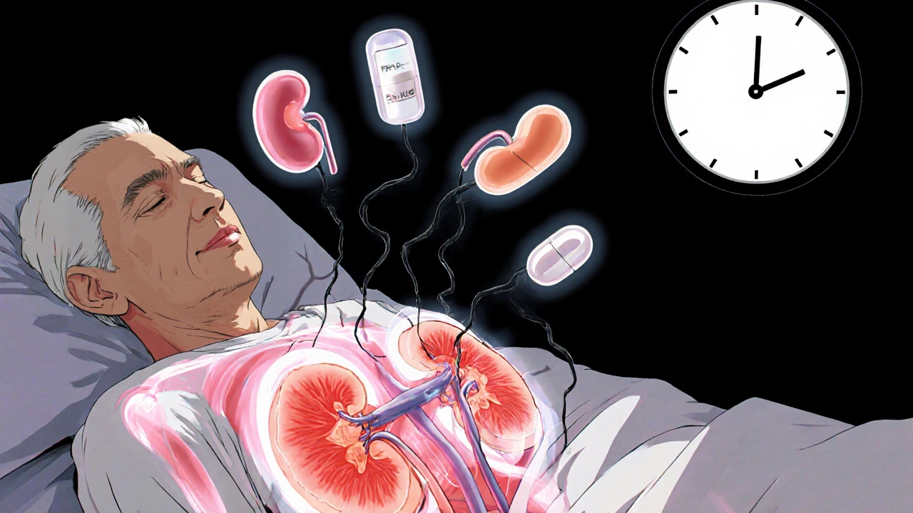 Transparent patient with inflamed kidneys entangled by drug symbols, clock ticking in background.