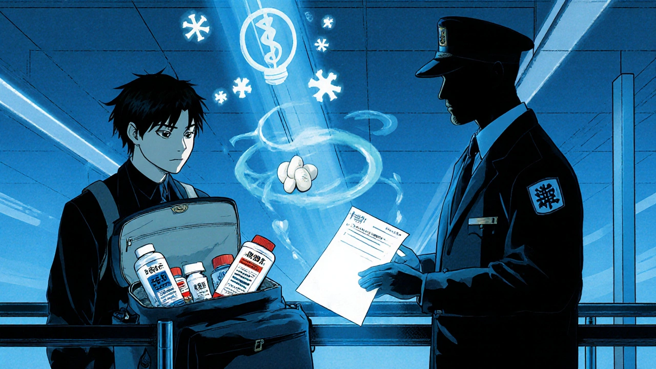 Traveler at airport security with open carry-on showing multilingual pill bottles and a glowing medical letter.