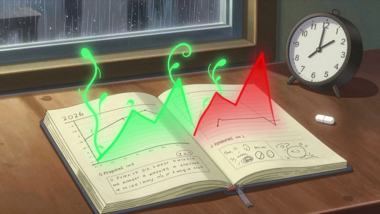 A blood sugar journal floats with glowing graphs, one stable, one erratic, as rain falls outside a window.