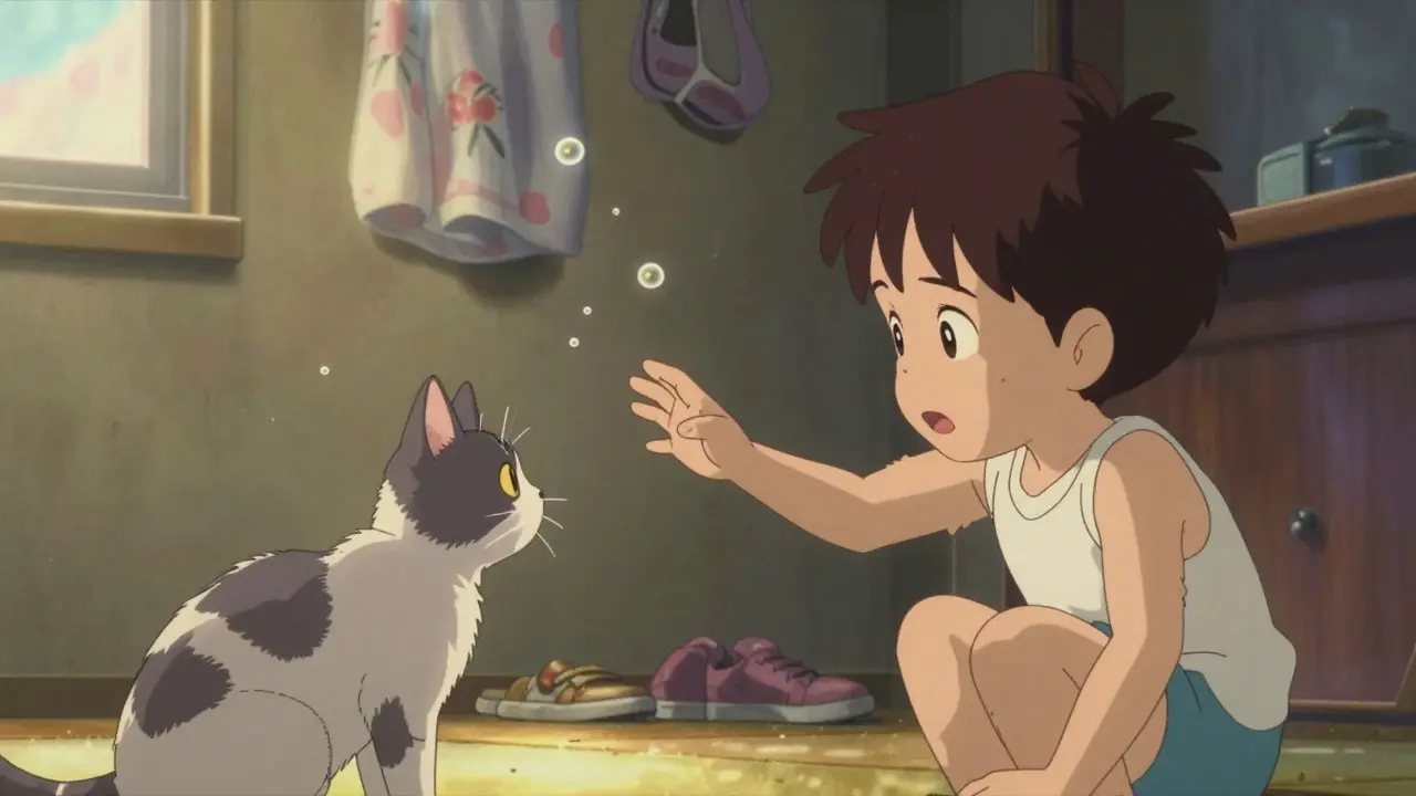A child reaching toward a cat with patchy fur as fungal spores float between them.
