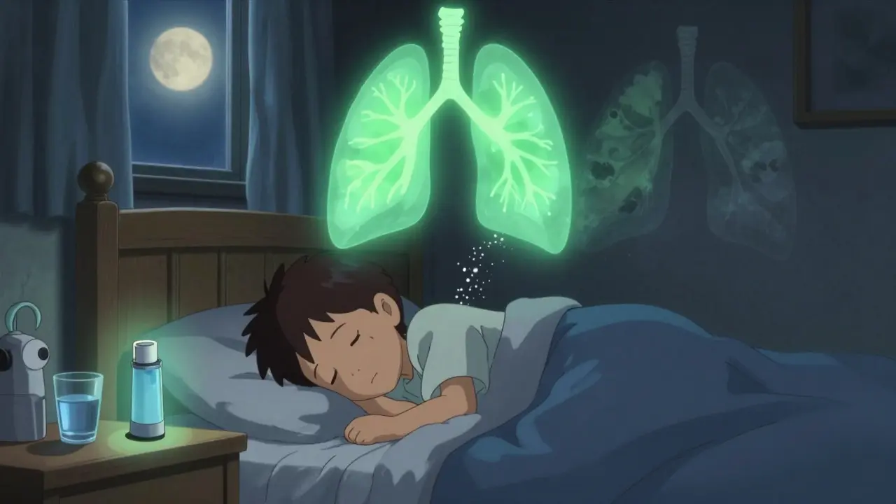 A child sleeping with a glowing smart inhaler, healthy lungs projected above while damaged ones fade in shadows.