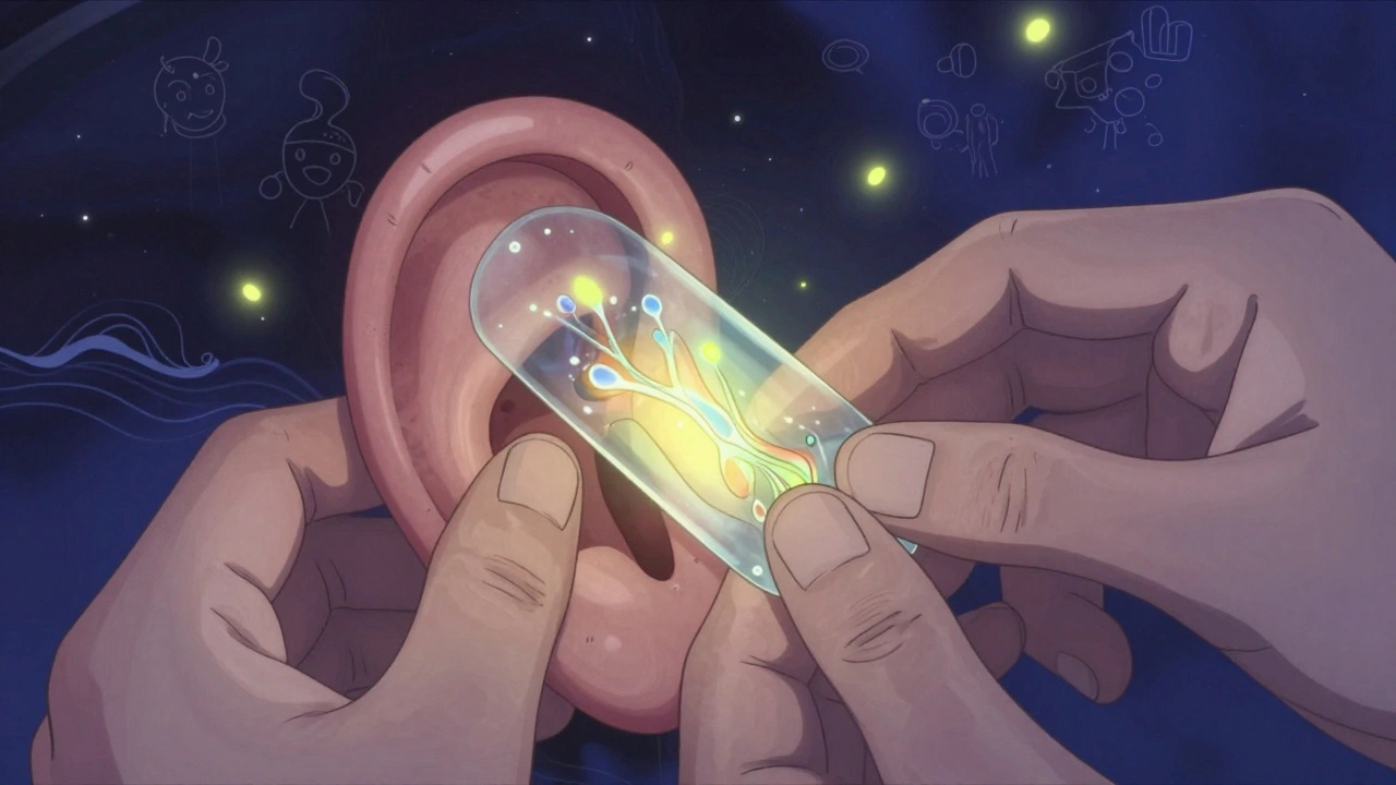 A delicate surgical patch sealing an eardrum in a cosmic, bioluminescent environment.