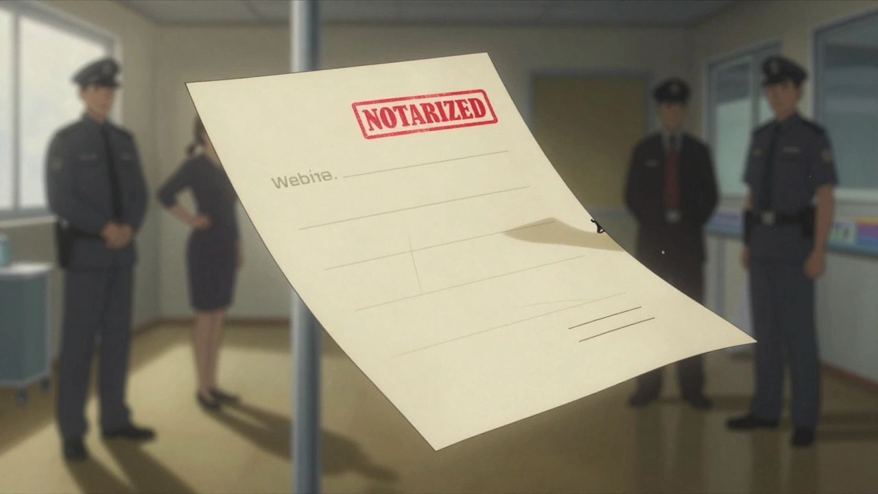 A doctor&#039;s letter hovers in a hospital room, shadowy figures watching from behind glass, red notarization stamp glowing.