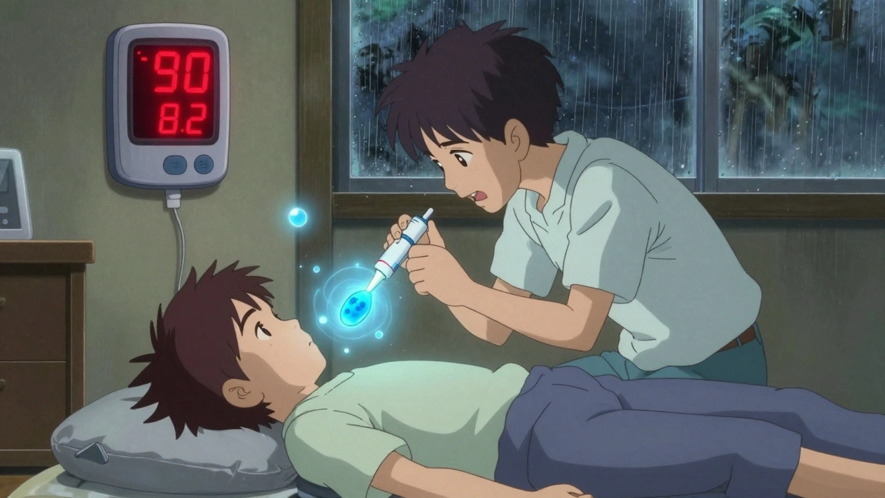 A family member gives nasal glucagon to an unconscious person on the floor, blue glucose particles swirl around them, CGM alerts flash in background.