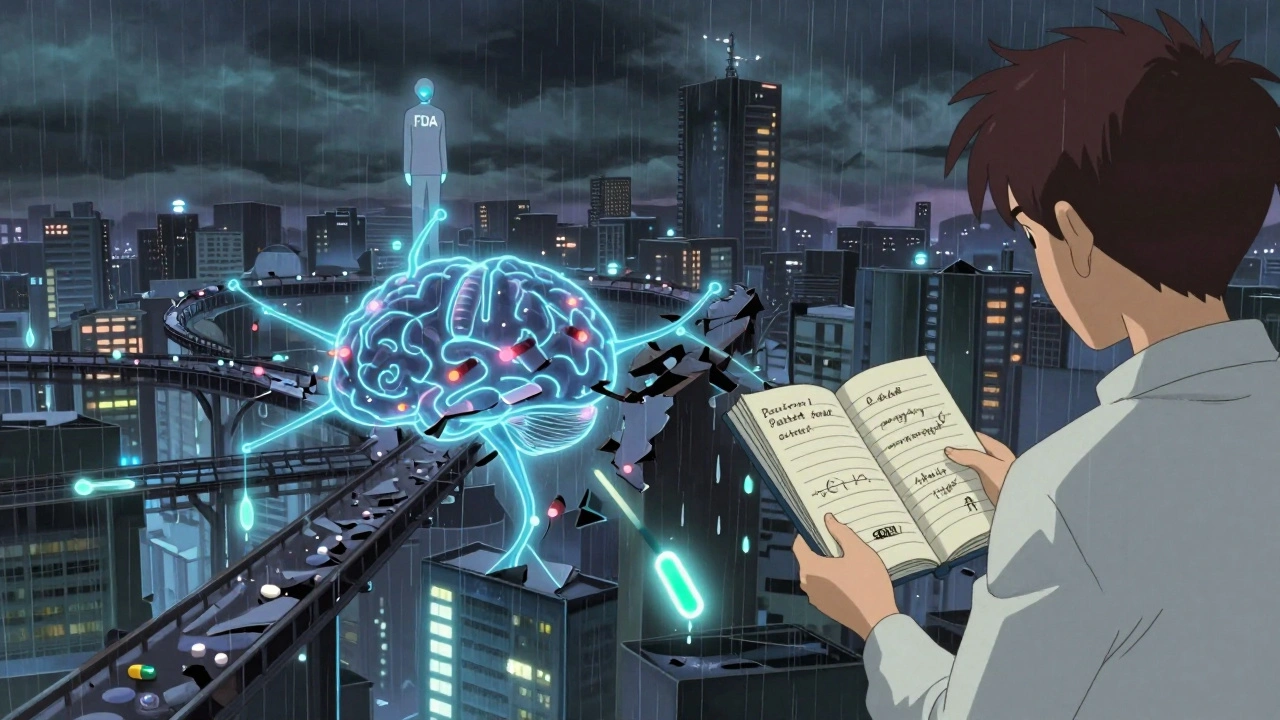 A fragile neural city collapsing as generic meds switch, with a patient holding a mood journal under stormy skies.
