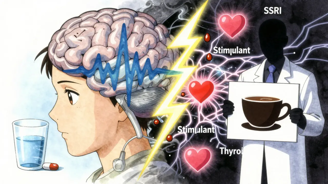 A fragmented mind with calm and chaotic sides, caffeine droplets invading neural pathways labeled with medications, a pharmacist holding a warning sign.