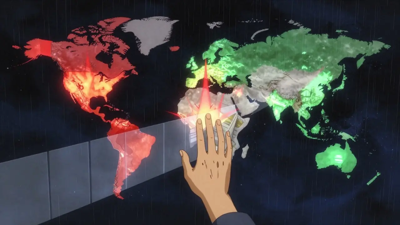 A global map shows price disparities as glowing pulses, with a hand reaching from the U.S. toward Canada but blocked by insurance documents.