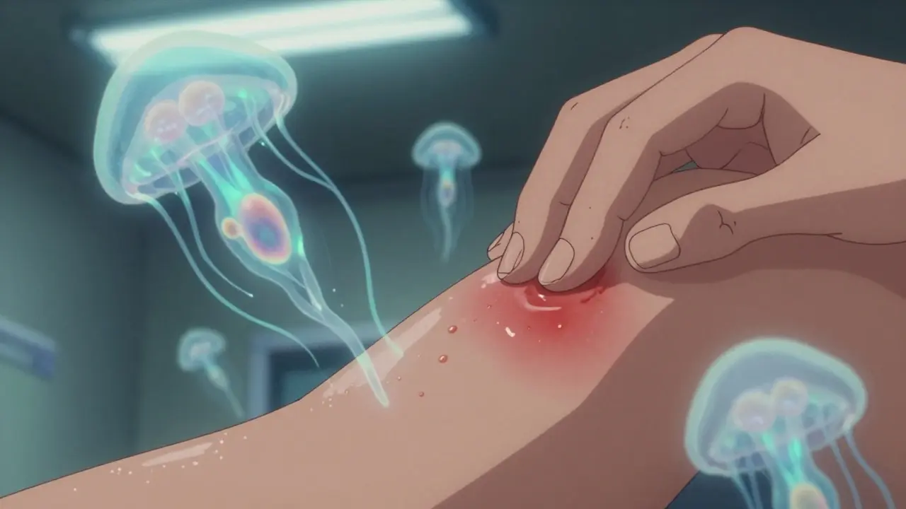 A hand applying cream to a moist rash with glowing yeast cells swirling nearby.