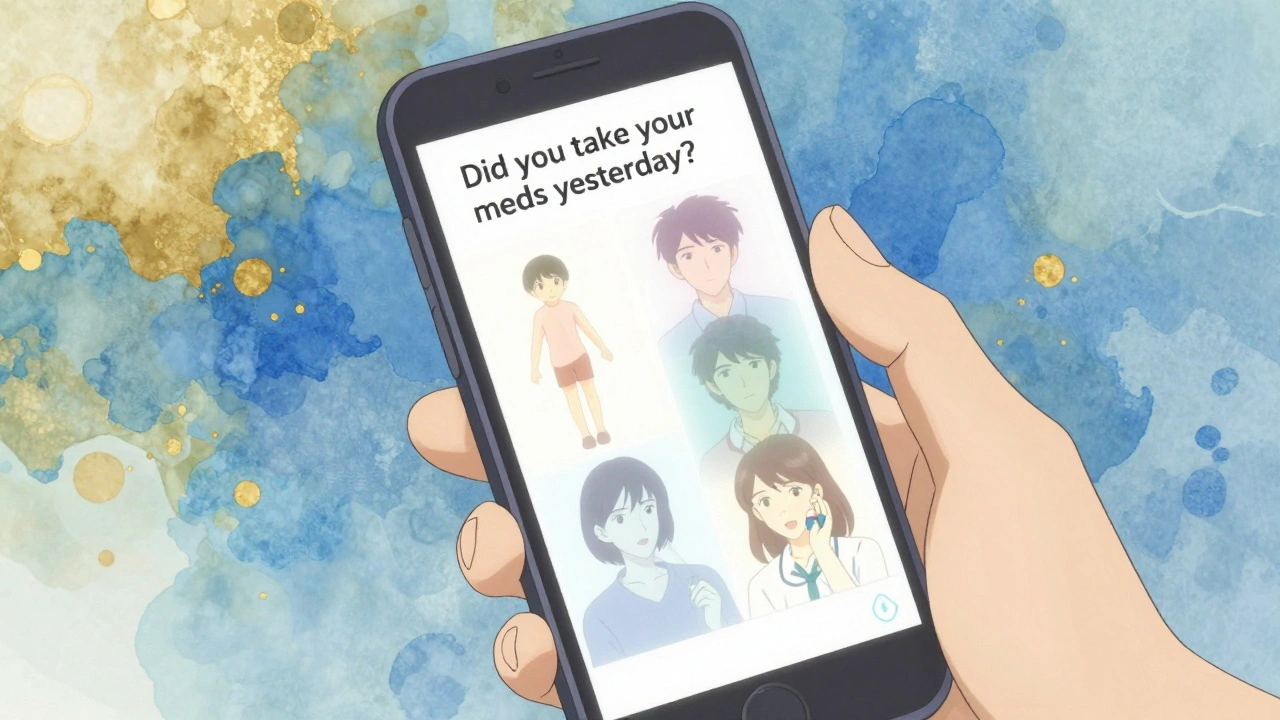 A hand holds a phone showing a medication check-in text, with reflections of past and present behaviors glowing on the screen.