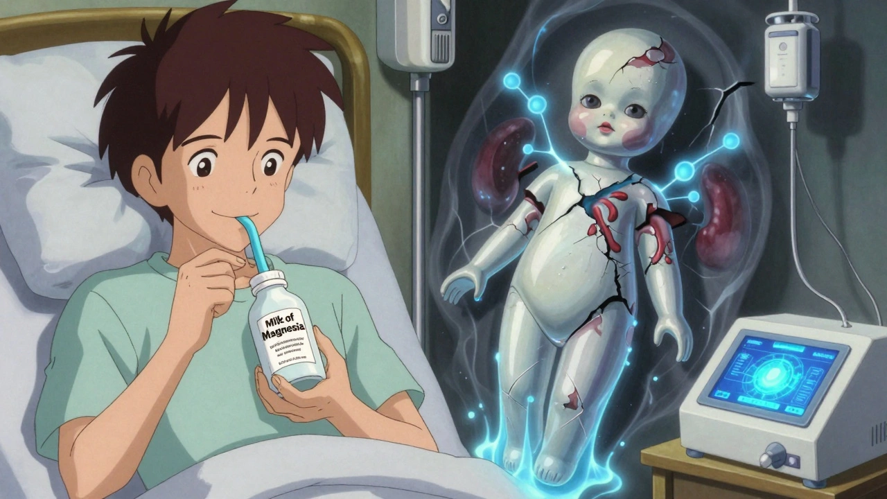 A kidney patient swallows Milk of Magnesia while their body cracks with glowing magnesium fluid leaking out.