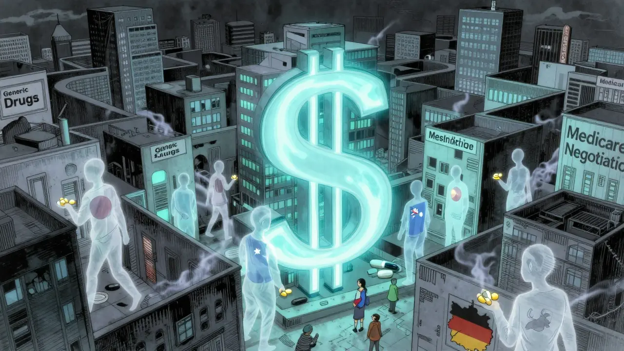 A massive dollar-shaped pharmaceutical building towers over a city, while patients from other countries walk through its walls with affordable pills.