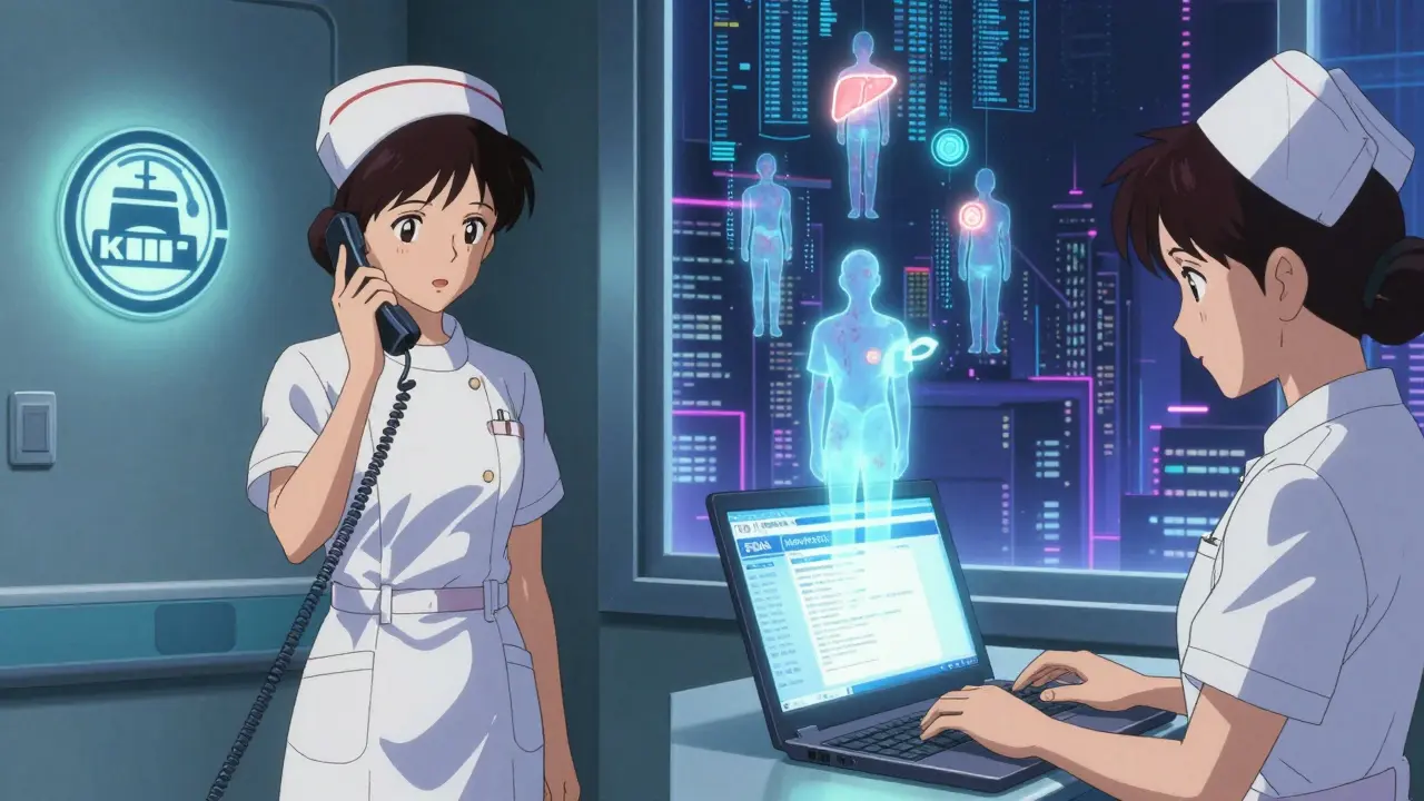 A nurse reporting an adverse reaction while data streams into a digital FDA system.