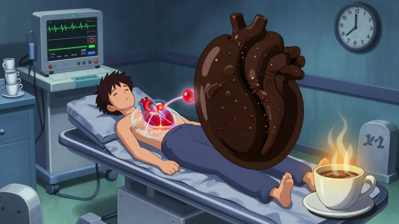 A patient's heart during a stress test, repelled by a caffeine shield shaped like a coffee bean, under flickering medical monitors.