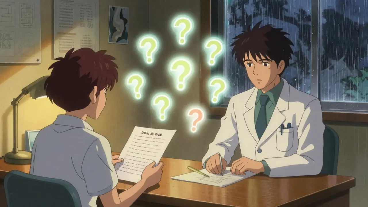 A patient and doctor in a clinic with glowing questions between them, medical charts morphing into abstract shapes.