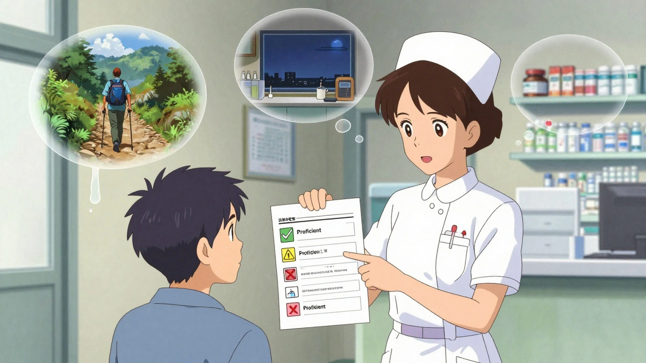 A patient points to a visual rubric while explaining medication management, with floating scenes of real-life application behind them.