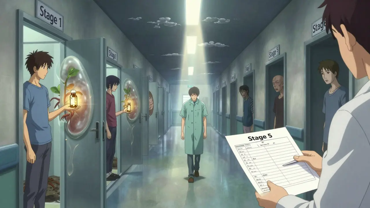 A patient walking through a corridor of CKD stages, holding a supplement vial, as their kidney transforms into roots under a beam of light.
