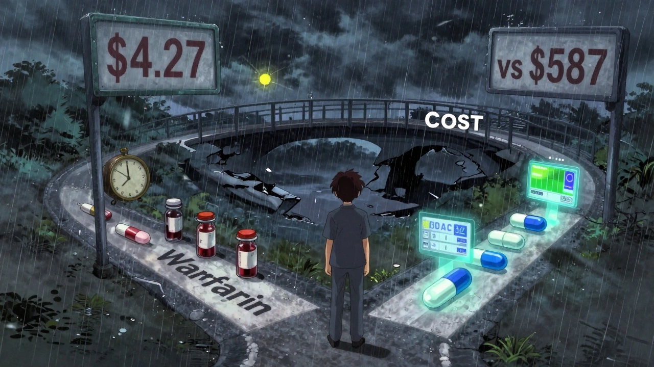 A person choosing between warfarin and DOACs at a symbolic crossroad, with cost and kidney function as looming threats.