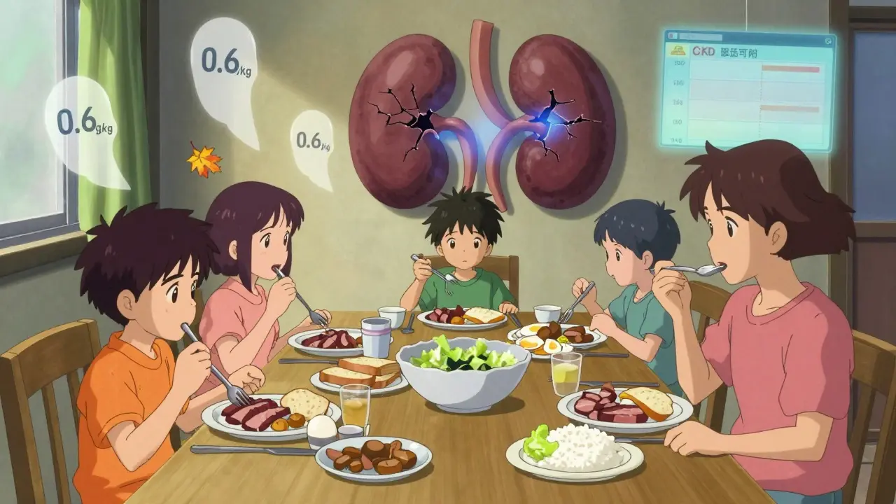 A person eating a small kidney-friendly meal while family enjoys a normal dinner, with floating protein grams and a glowing damaged kidney shadow.