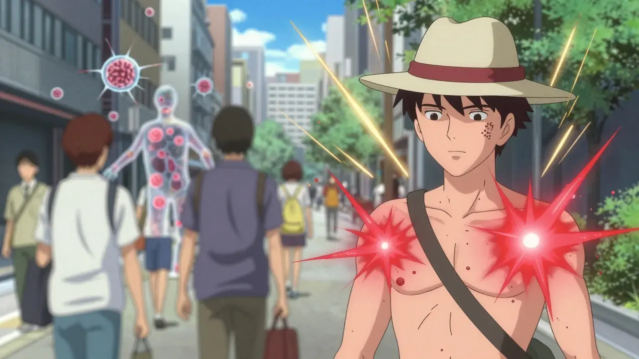 A person in sunlight is surrounded by invisible UV rays triggering inflammation in others, blending city life with immune system visuals.