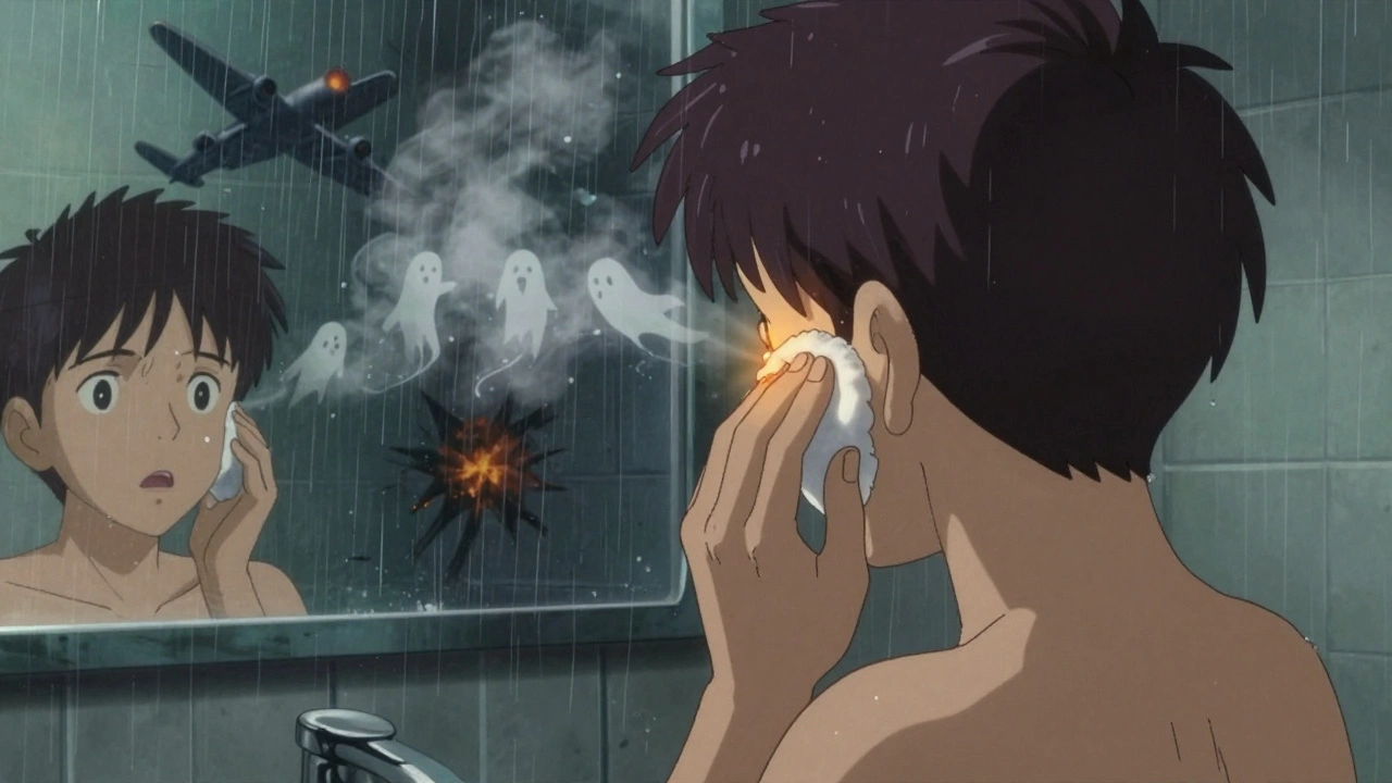 A person protecting their ear from shower steam with a cotton ball, surreal water spirits approaching.