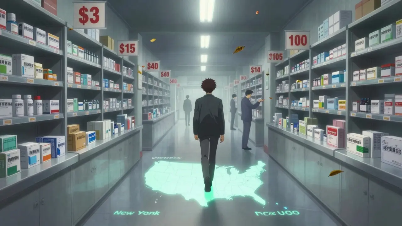 A person walking down a corridor lined with pharmacy counters displaying wildly different prices for the same generic drug, with a U.S. map beneath them.